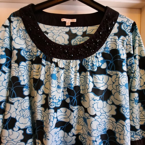 JM Collection Black Turquoise Beaded Floral Cotton Top/Blouse Size Plus … - Picture 2 of 7